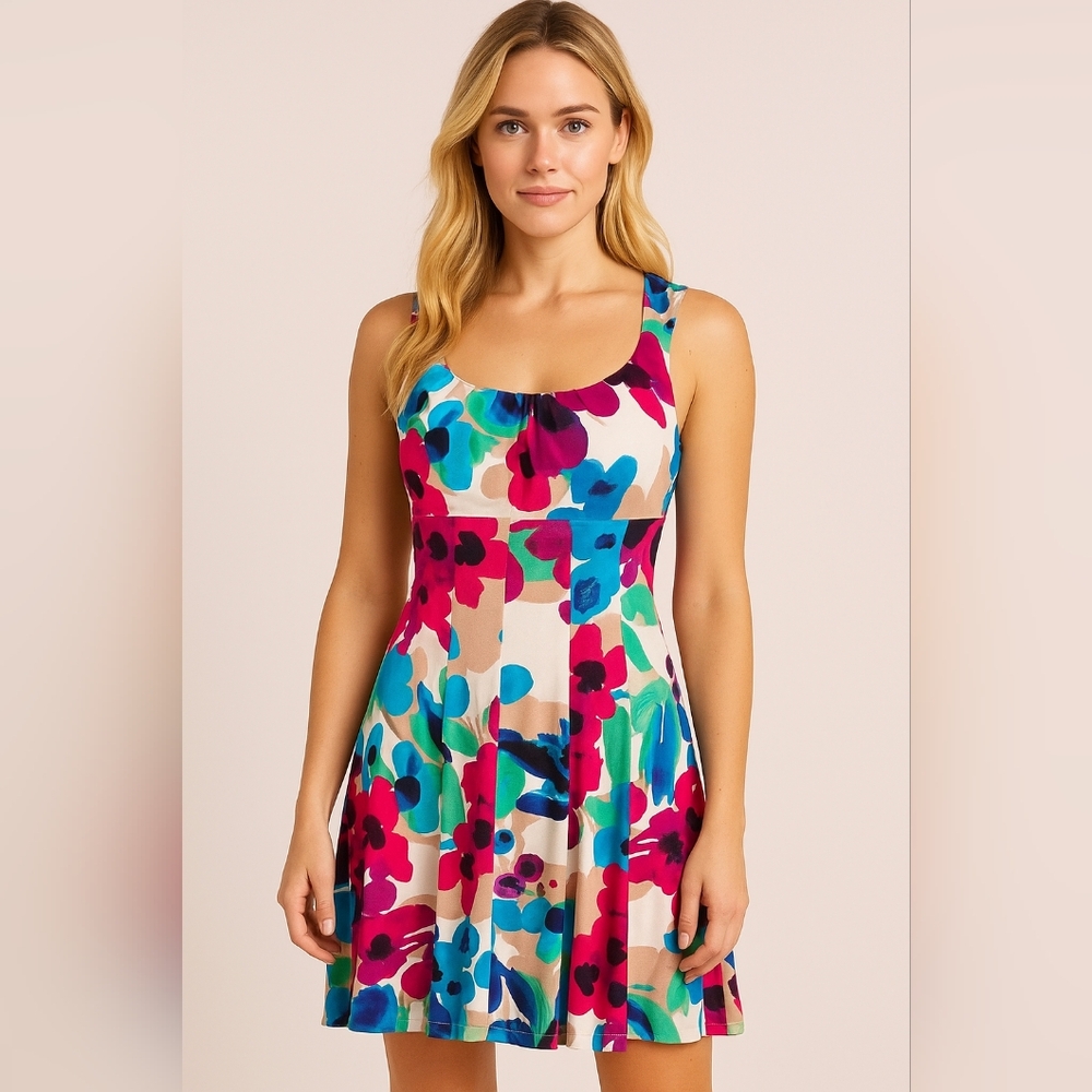 London Times Pink and Blue Resort Midi Dress Size 6